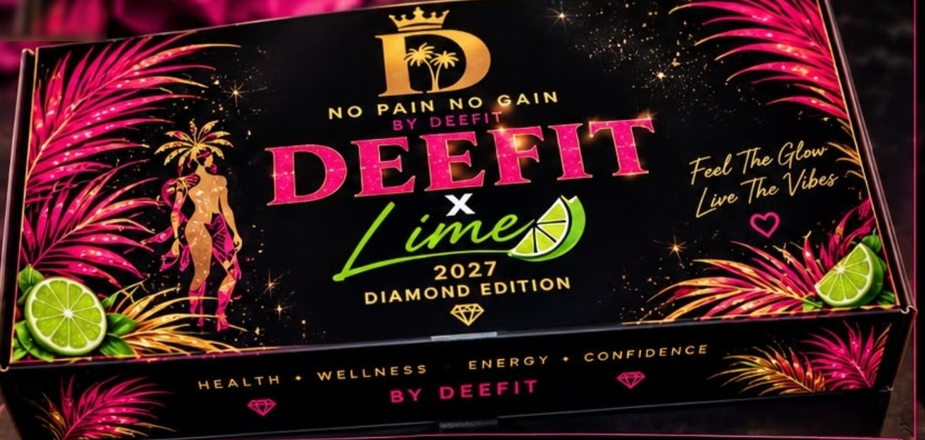 The DEEFIT Diamond Edition gift box lid in black, gold and pink with Carnival artwork