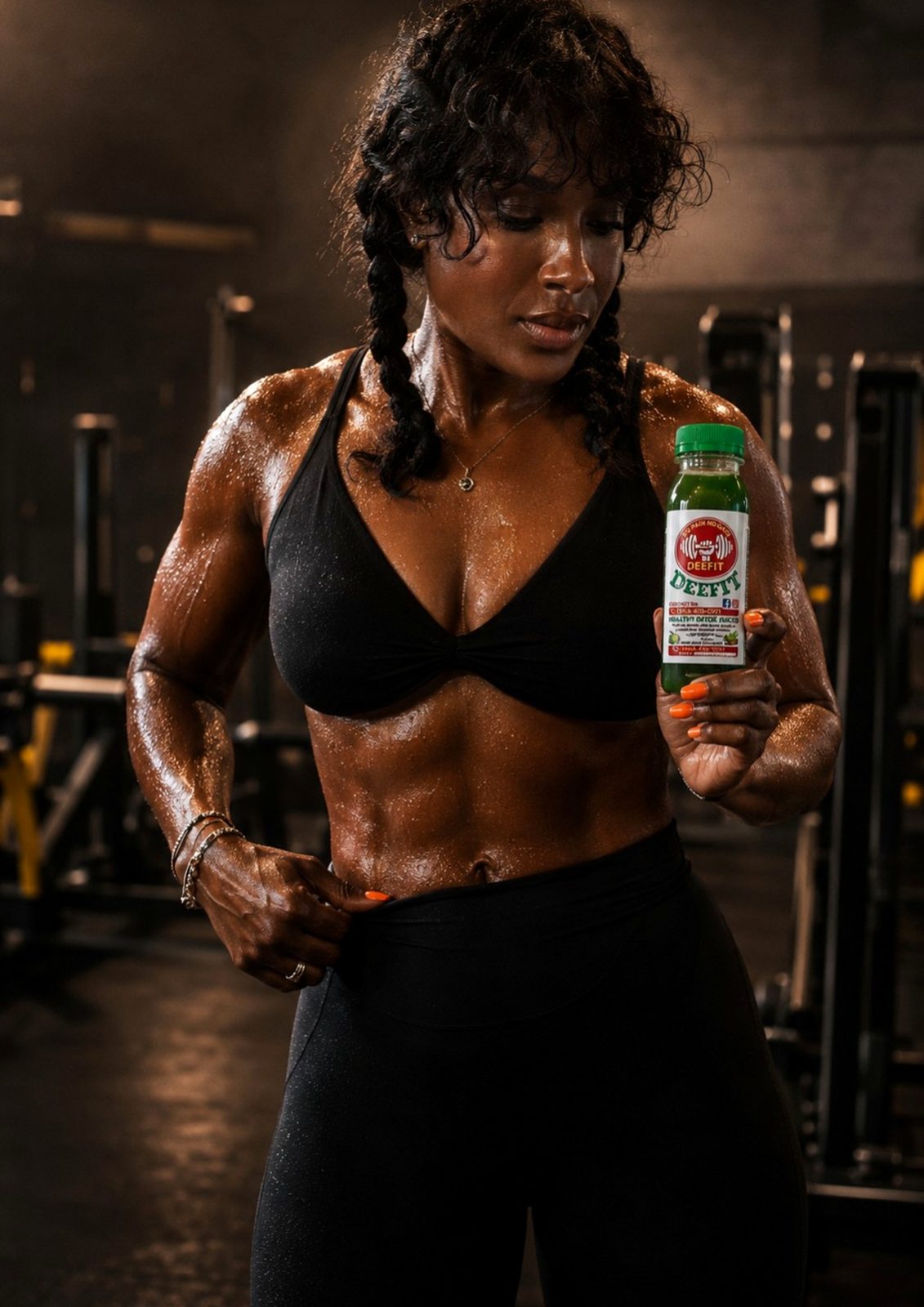 Danielle Noel holding a bottle of DEEFIT Green Detox in the gym