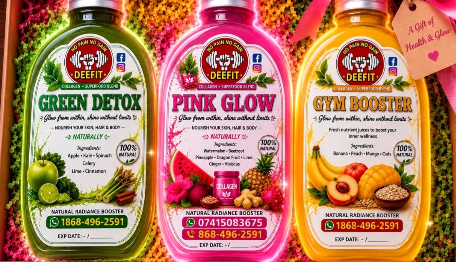 Green Detox, Pink Glow and Gym Booster bottles presented as a gift set